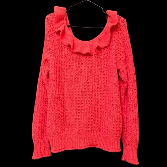 ANTHROPOLOGIE ruffled boat neck sweater size 1X cozy warm coral wool blend knit - Picture 1 of 5